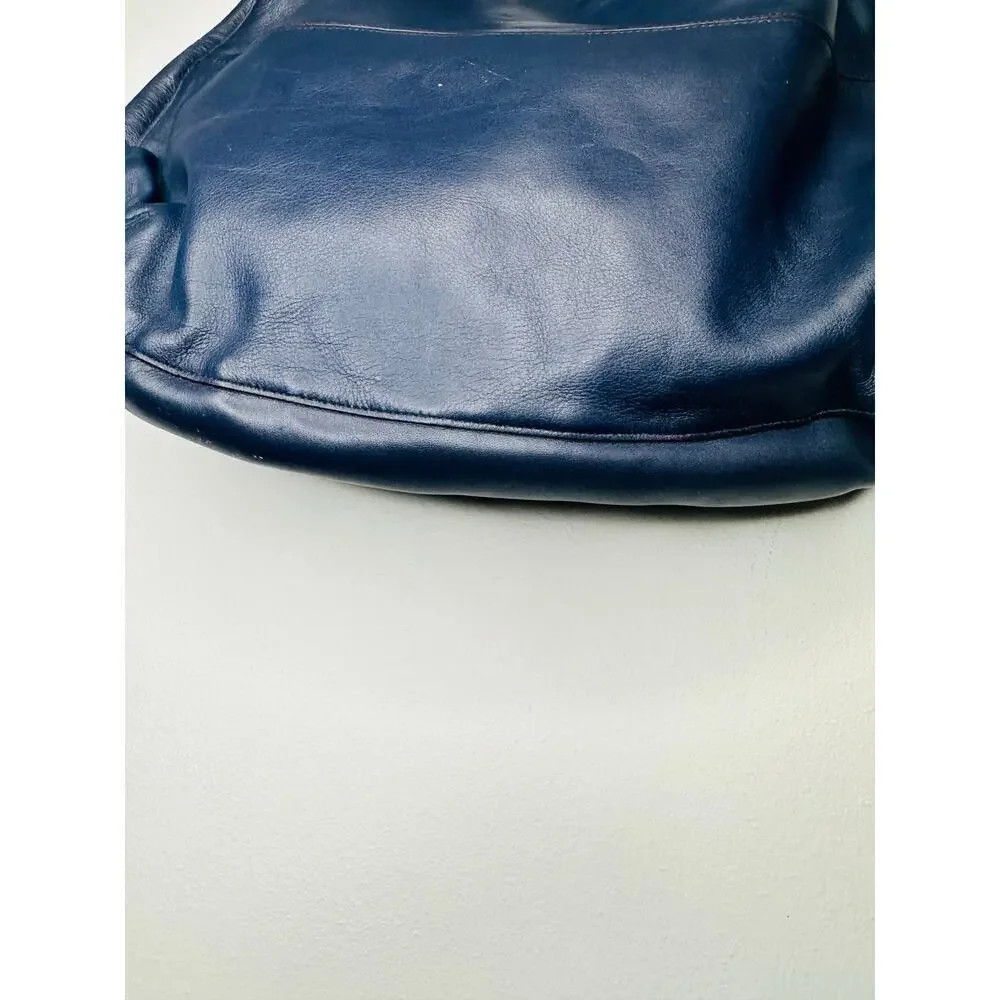 LAUREN RALPH LAUREN Navy Blue Front Pocket Leather Hobo Bag Purse - Picture 5 of 13